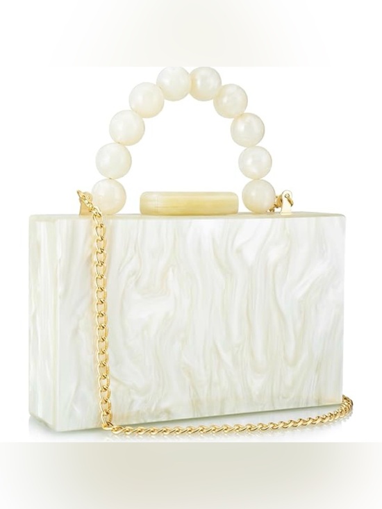 Handbags - Pearlescent White Acrylic Box Clutch with Beaded Handle; GUC